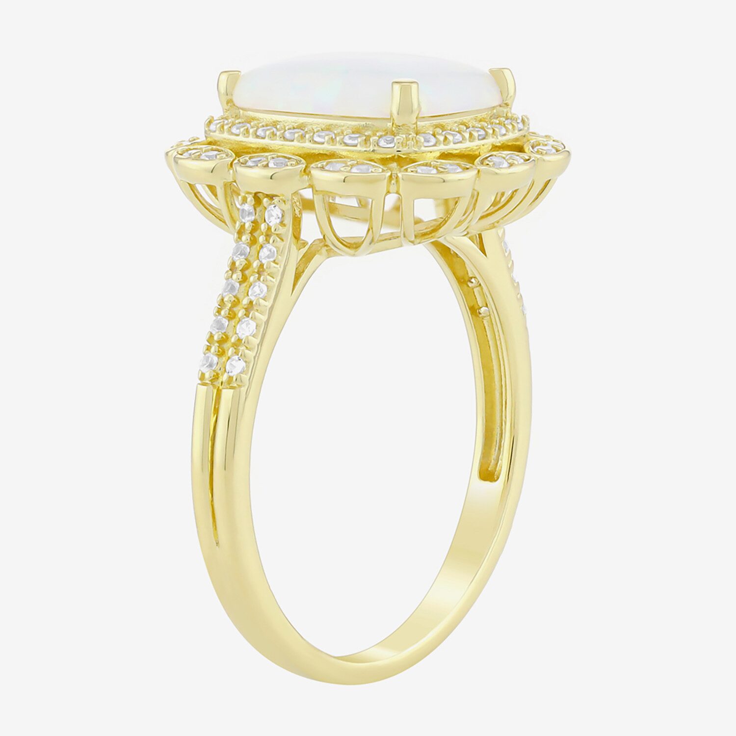 Womens Lab Created White Opal 14K Gold Over Silver Cushion Halo Cocktail Ring