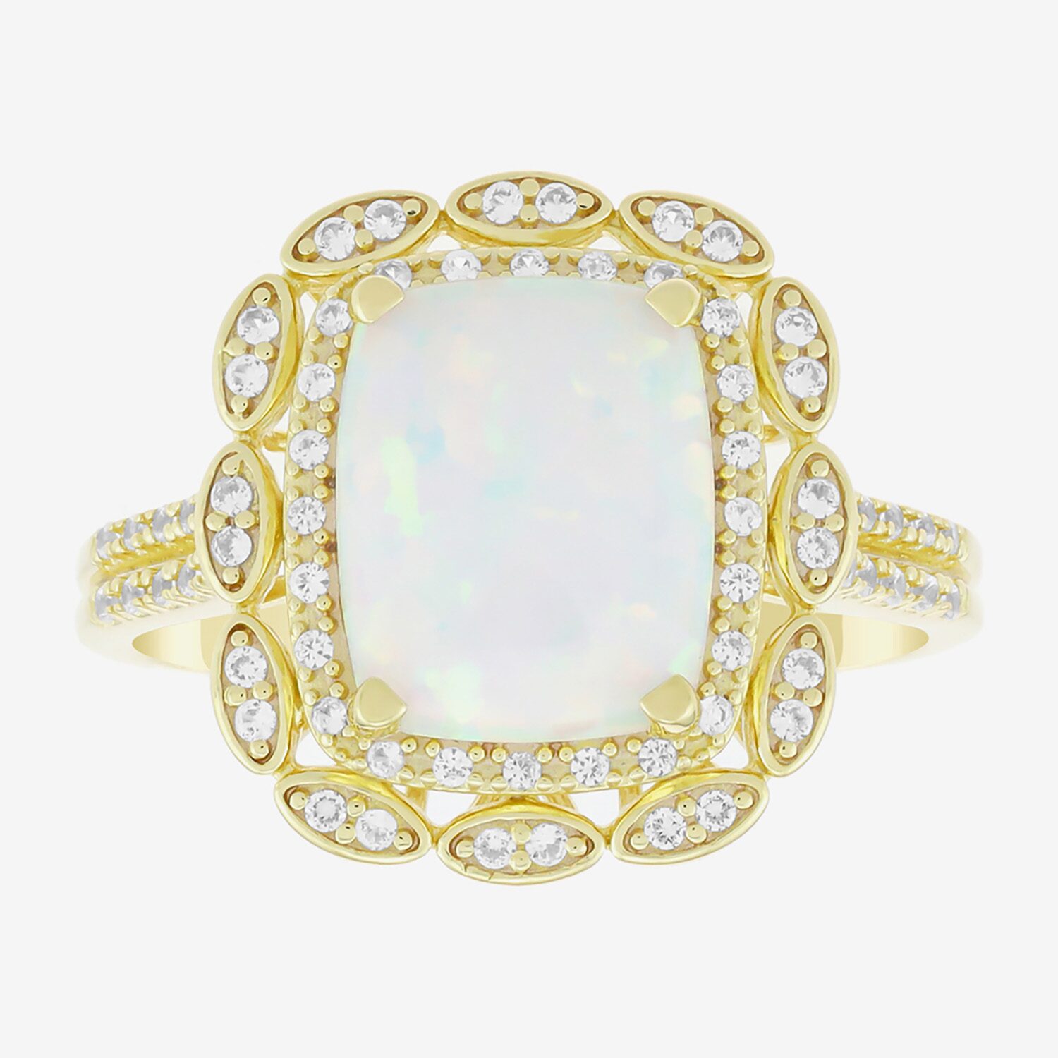 Womens Lab Created White Opal 14K Gold Over Silver Cushion Halo Cocktail Ring