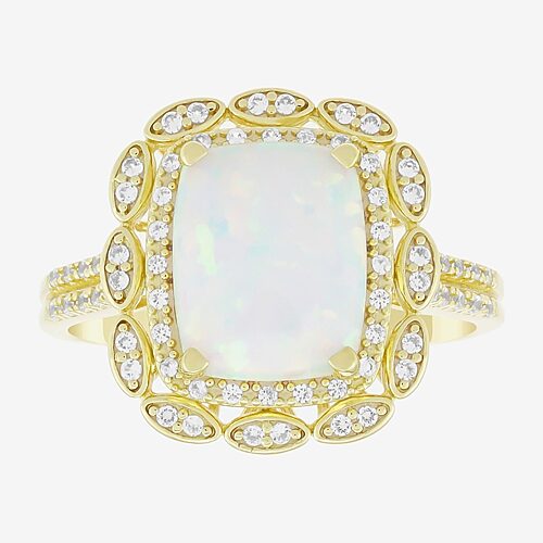 Womens Lab Created White Opal 14K Gold Over Silver Cushion Halo Cocktail Ring, 6, White