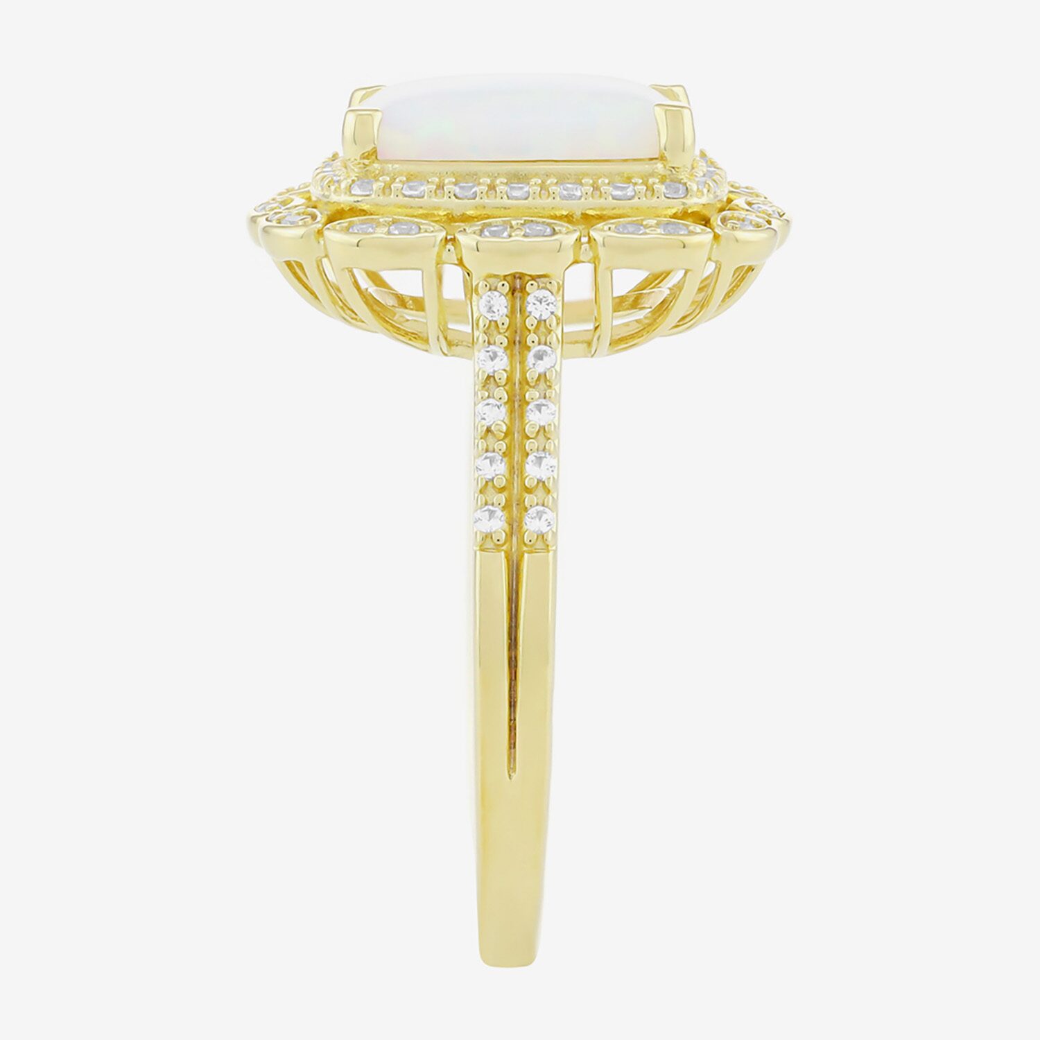 Womens Lab Created White Opal 14K Gold Over Silver Cushion Halo Cocktail Ring