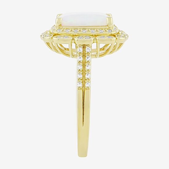 Womens Lab Created White Opal 14K Gold Over Silver Cushion Halo Cocktail Ring