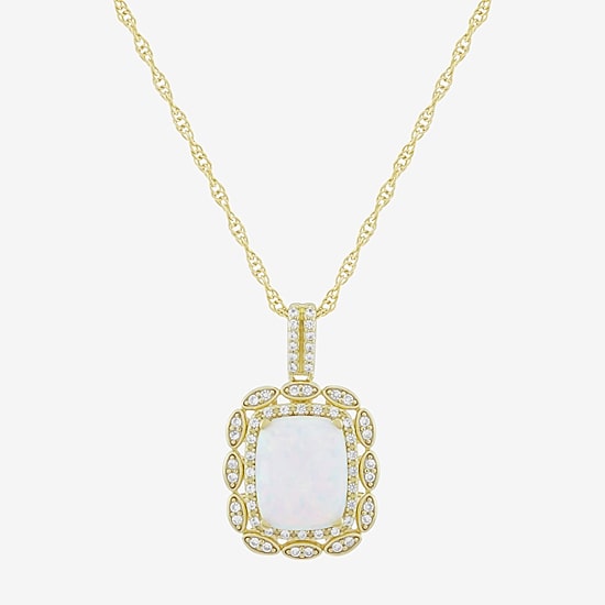 Womens Lab Created White Opal 14K Gold Over Silver Cushion 18 Inch Pendant Necklace