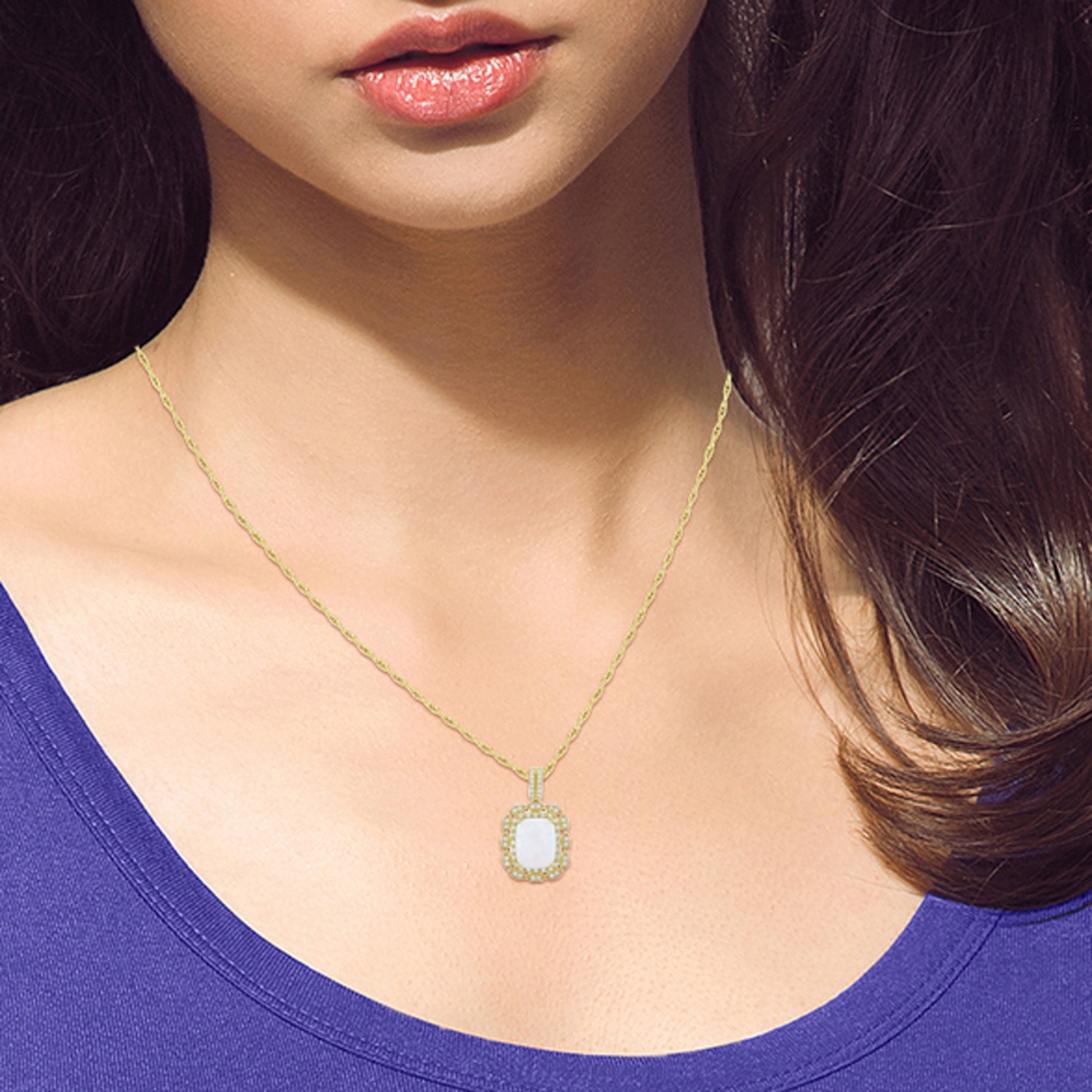 Womens Lab Created White Opal 14K Gold Over Silver Cushion 18 Inch Pendant Necklace
