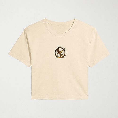 Hybrid Tees Womens Juniors Crew Neck Short Sleeve Regular Fit The Hunger Games Graphic T-shirt In Beige
