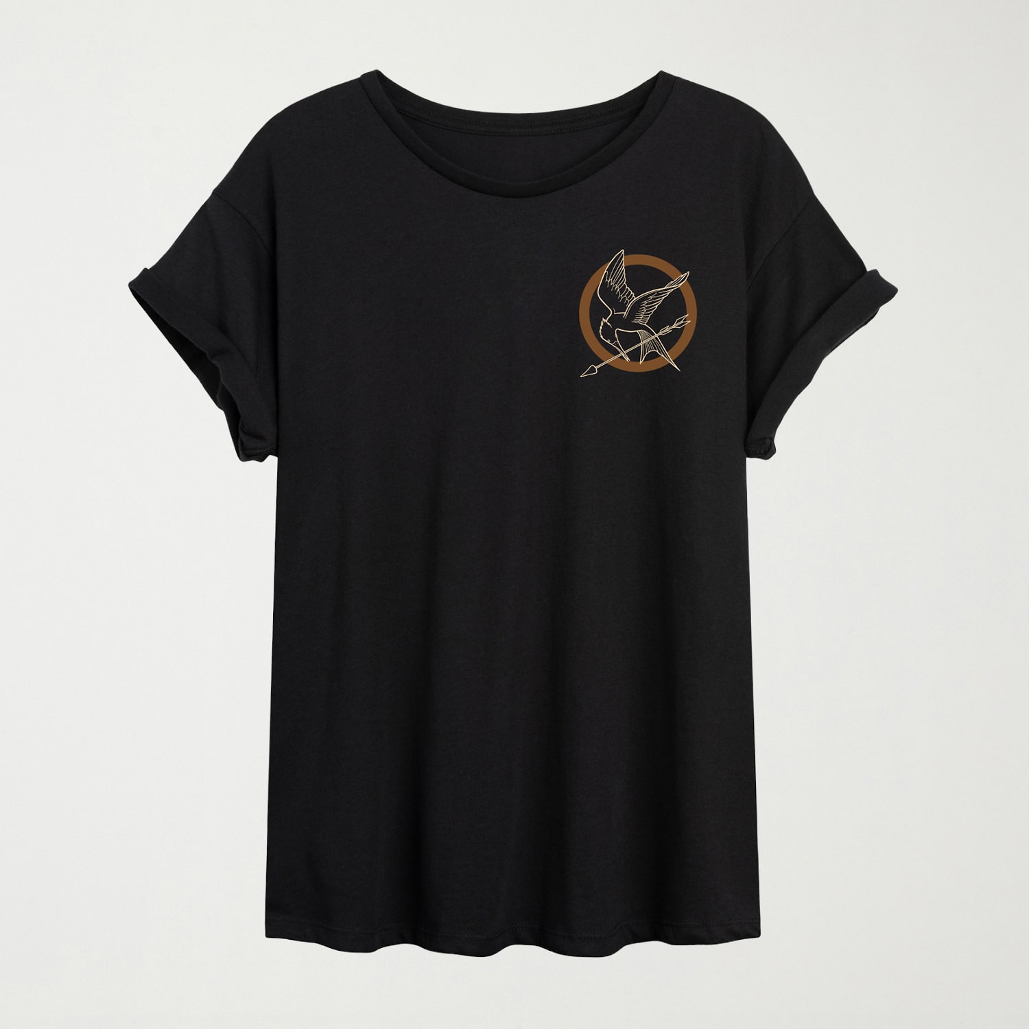 Womens Juniors Crew Neck Short Sleeve Oversized The Hunger Games Graphic T-Shirt