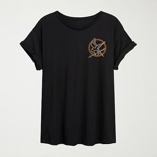 Hybrid Tees Womens Juniors Crew Neck Short Sleeve Oversized The Hunger Games Graphic T-shirt In Black