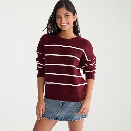 Aéropostale Juniors Womens Round Neck Long Sleeve Striped Pullover Sweater In Red