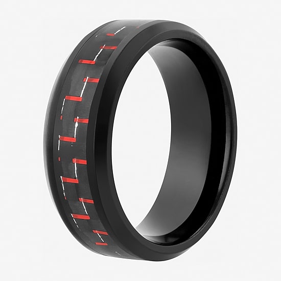 Mens 8MM Black Stainless Steel with Blue Carbon Fiber Wedding Band