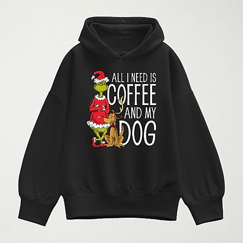 Hybrid Tees All I Need Is Coffee And My Dog Womens Long Sleeve Grinch Hoodie In Black