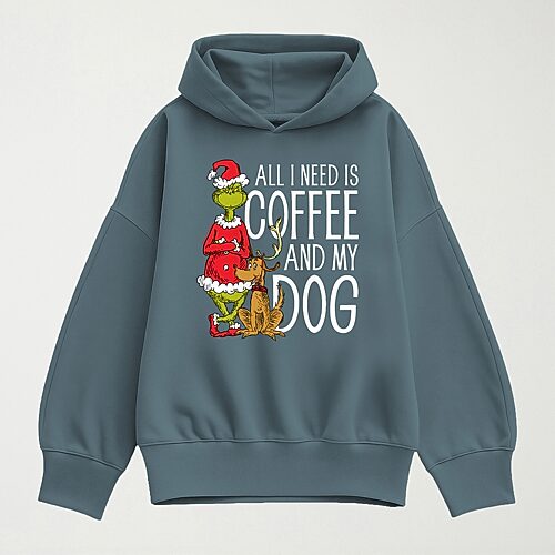 Hybrid Tees All I Need Is Coffee And My Dog Womens Long Sleeve Grinch Hoodie In Blue