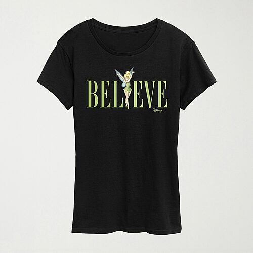 Hybrid Tees Believe Womens Crew Neck Short Sleeve Regular Fit Tinker Bell Graphic T-shirt In Black