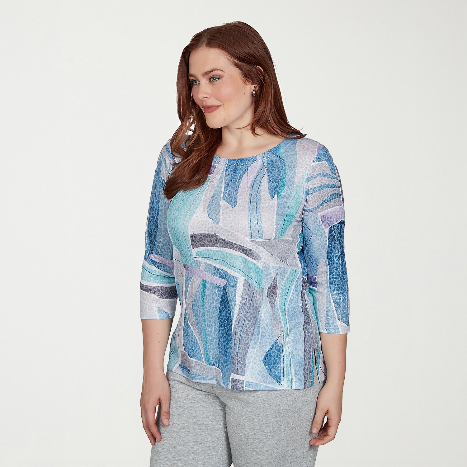 Alfred Dunner Easy Does It Womens Crew Neck 3/4 Sleeve T-Shirt
