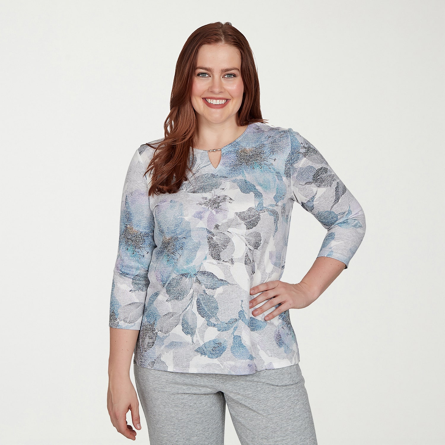 Alfred Dunner Easy Does It Womens Split Crew Neck 3/4 Sleeve T-Shirt