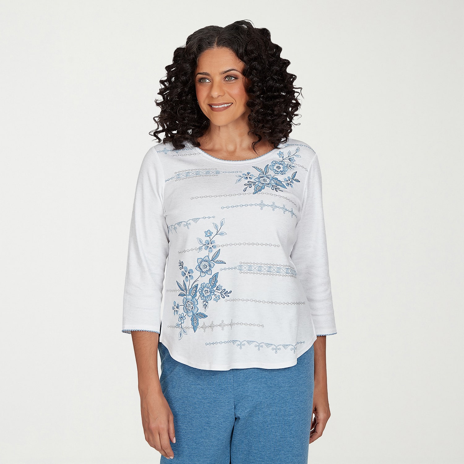 Alfred Dunner Easy Does It Womens Crew Neck 3/4 Sleeve T-Shirt