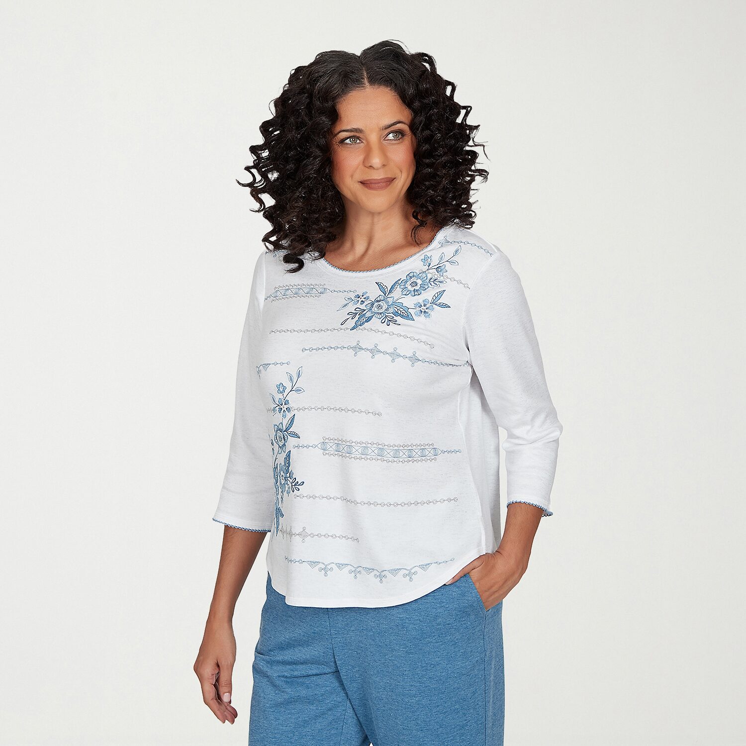Alfred Dunner Easy Does It Womens Crew Neck 3/4 Sleeve T-Shirt