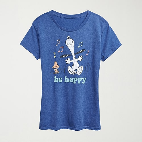 Hybrid Tees Be Happy Womens Crew Neck Short Sleeve Regular Fit Peanuts Snoopy Graphic T-shirt In Blue