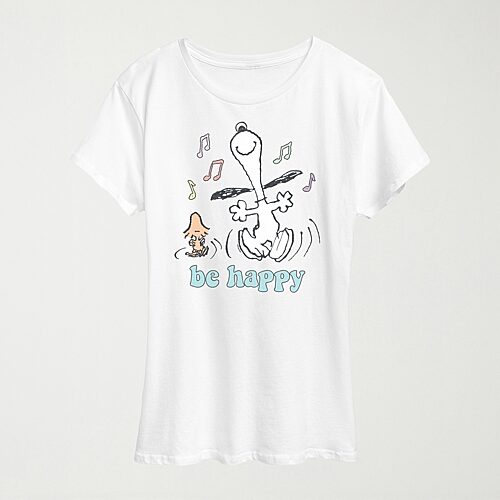 Hybrid Tees Be Happy Womens Crew Neck Short Sleeve Regular Fit Peanuts Snoopy Graphic T-shirt In White