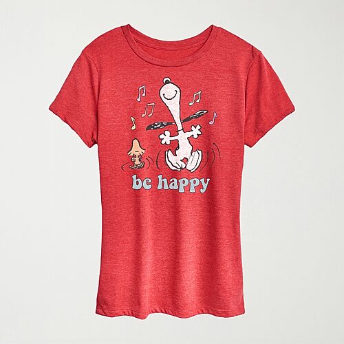 Hybrid Tees Be Happy Womens Crew Neck Short Sleeve Regular Fit Peanuts Snoopy Graphic T-shirt In Red