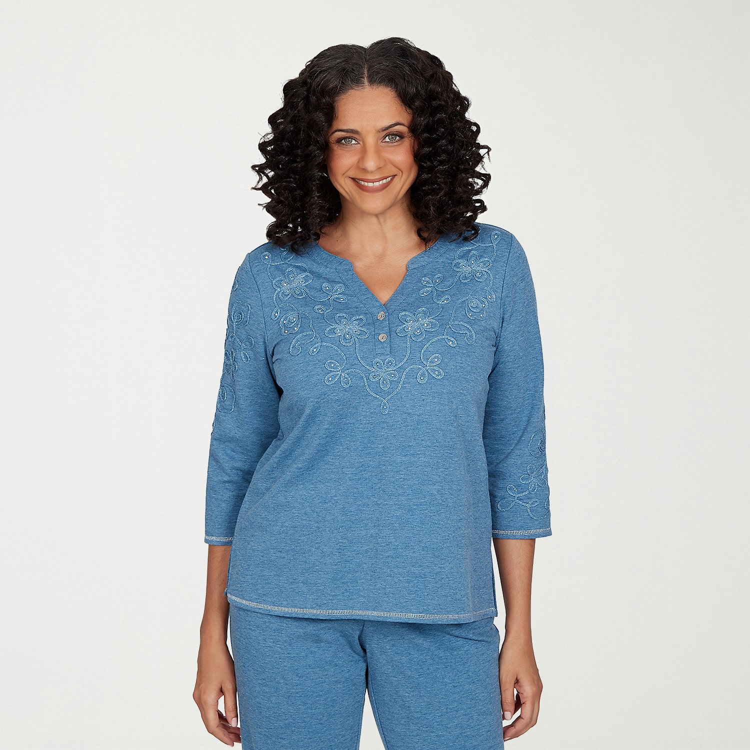 Alfred Dunner Easy Does It Womens Split Crew Neck 3/4 Sleeve T-Shirt