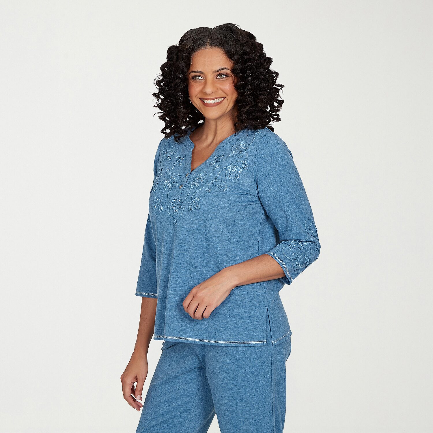 Alfred Dunner Easy Does It Womens Split Crew Neck 3/4 Sleeve T-Shirt
