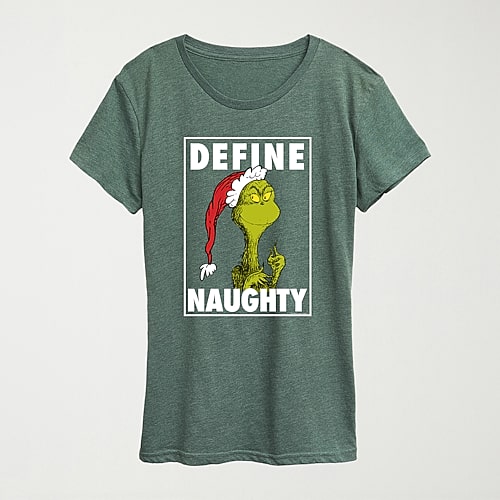 Hybrid Tees Define Naughty Womens Crew Neck Short Sleeve Regular Fit Grinch Graphic T-shirt In Green