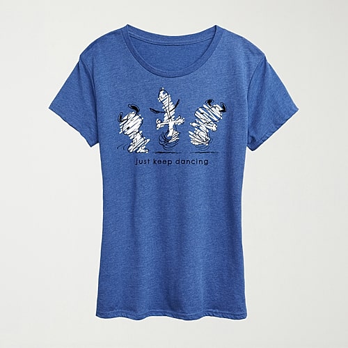 Hybrid Tees Just Keep Dancing Womens Crew Neck Short Sleeve Regular Fit Peanuts Snoopy Graphic T-shirt In Blue