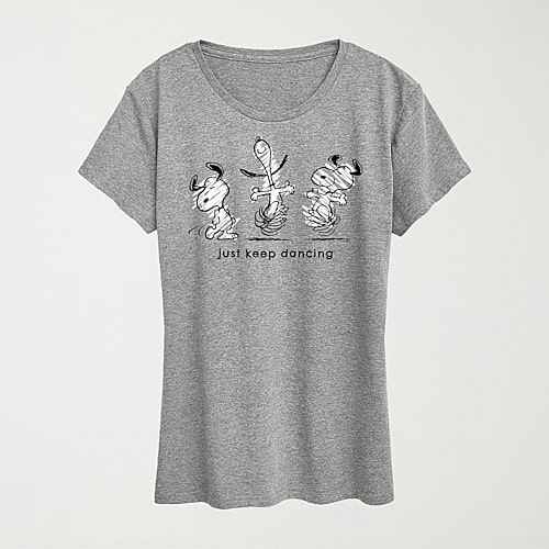 Hybrid Tees Just Keep Dancing Womens Crew Neck Short Sleeve Regular Fit Peanuts Snoopy Graphic T-shirt In Gray
