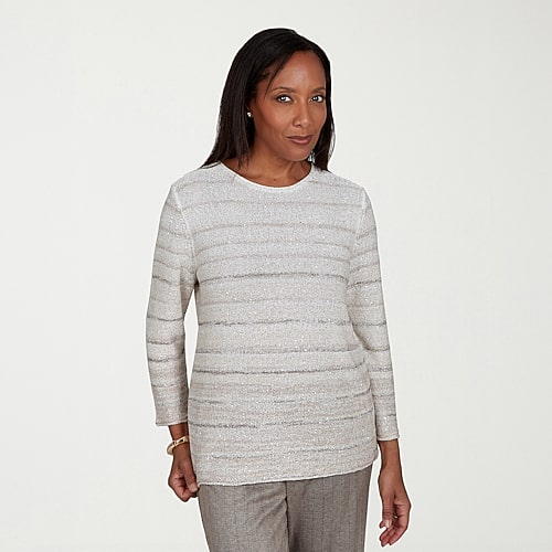 Alfred Dunner Womens Crew Neck 3/4 Sleeve Striped Pullover Sweater In Brown