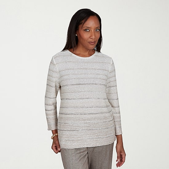 Alfred Dunner Regent Street Womens Crew Neck 3/4 Sleeve Striped Pullover Sweater