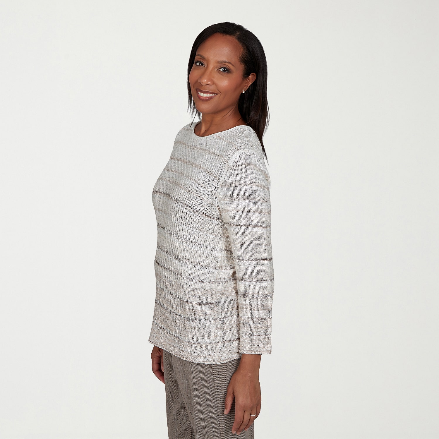 Alfred Dunner Regent Street Womens Crew Neck 3/4 Sleeve Striped Pullover Sweater