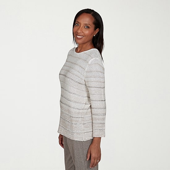 Alfred Dunner Regent Street Womens Crew Neck 3/4 Sleeve Striped Pullover Sweater