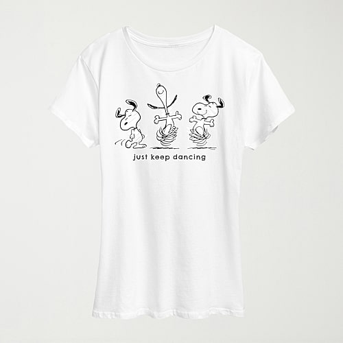 Hybrid Tees Just Keep Dancing Womens Crew Neck Short Sleeve Regular Fit Peanuts Snoopy Graphic T-shirt In White