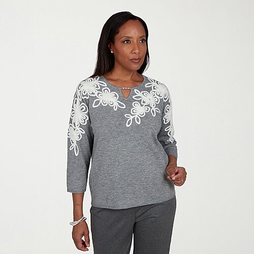 Alfred Dunner Womens Split Crew Neck 3/4 Sleeve Floral Pullover Sweater In Gray
