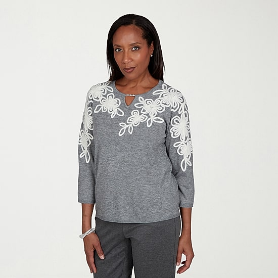 Alfred Dunner Regent Street Womens Split Crew Neck 3/4 Sleeve Floral Pullover Sweater