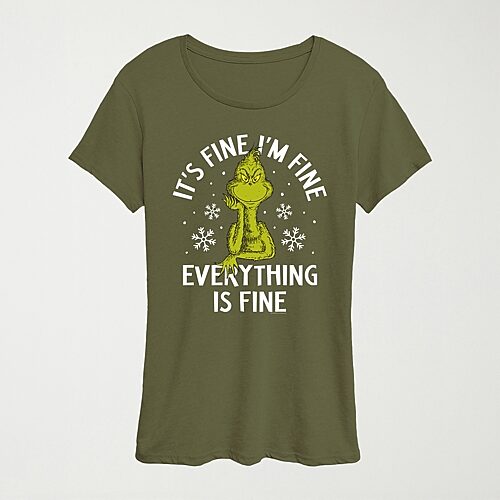 Hybrid Tees Its Fine Womens Crew Neck Short Sleeve Regular Fit Grinch Graphic T-shirt In Green