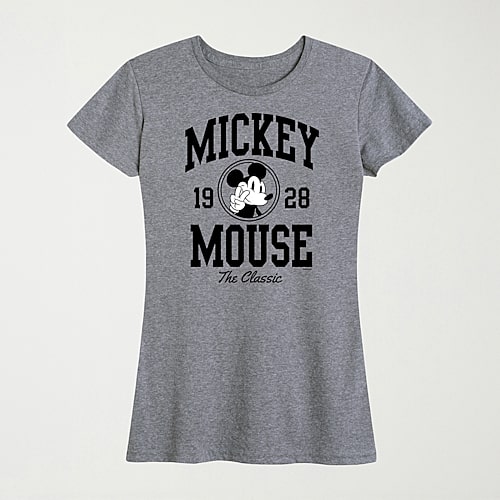 Hybrid Tees Collegiate The Classic Womens Crew Neck Short Sleeve Regular Fit Mickey Mouse Graphic T-shirt In Gray