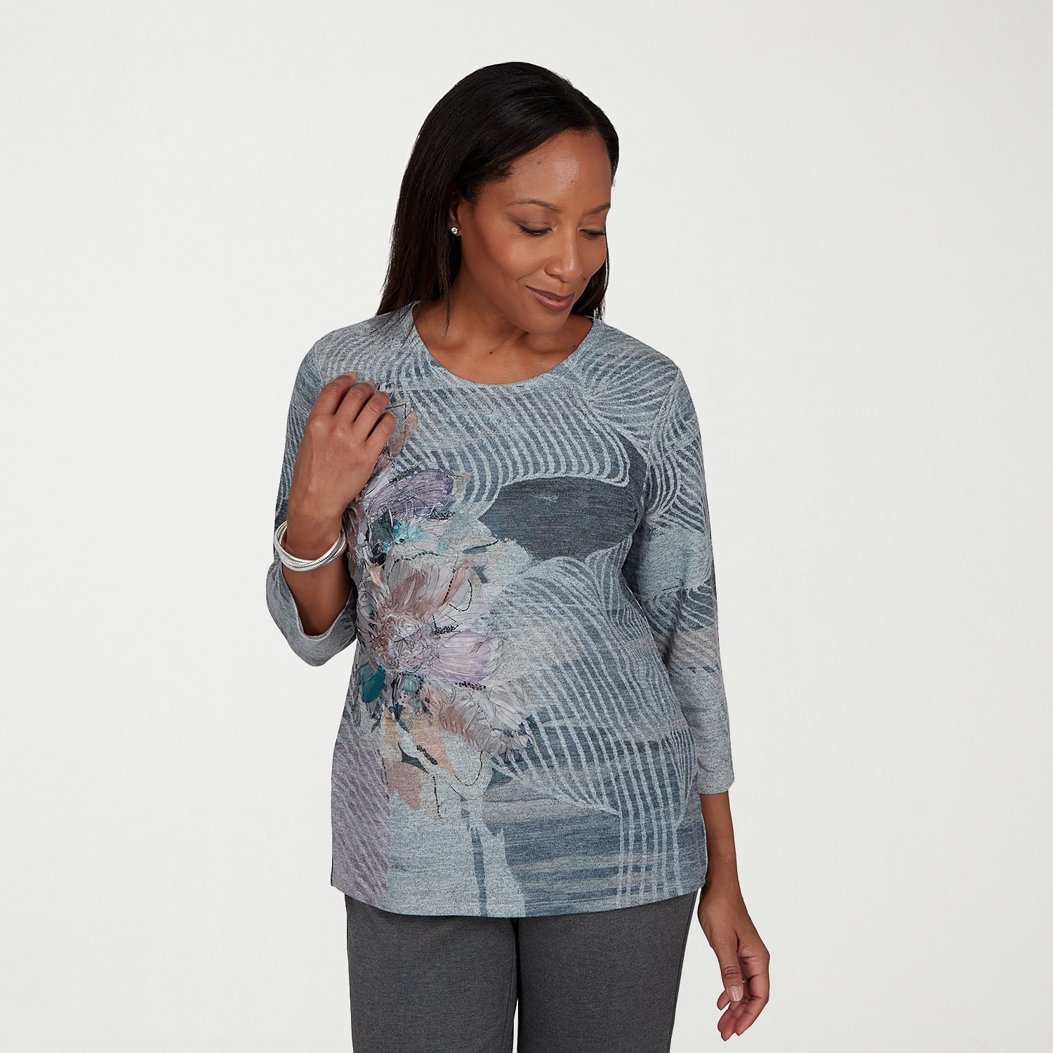 Alfred Dunner Regent Street Womens Crew Neck 3/4 Sleeve T-Shirt