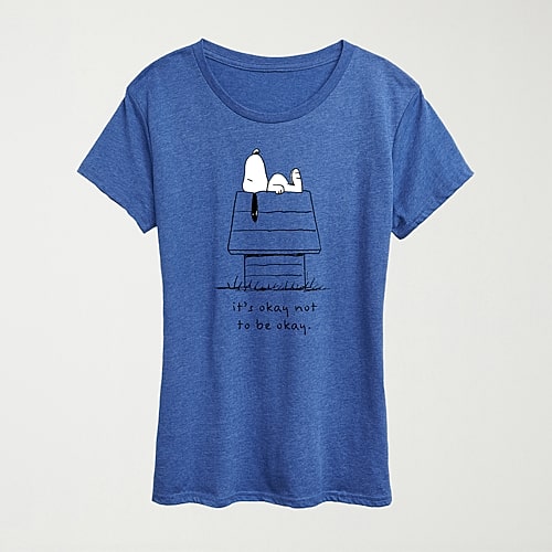 Hybrid Tees Okay Not To Be Okay Womens Crew Neck Short Sleeve Regular Fit Peanuts Snoopy Graphic T-shirt In Blue
