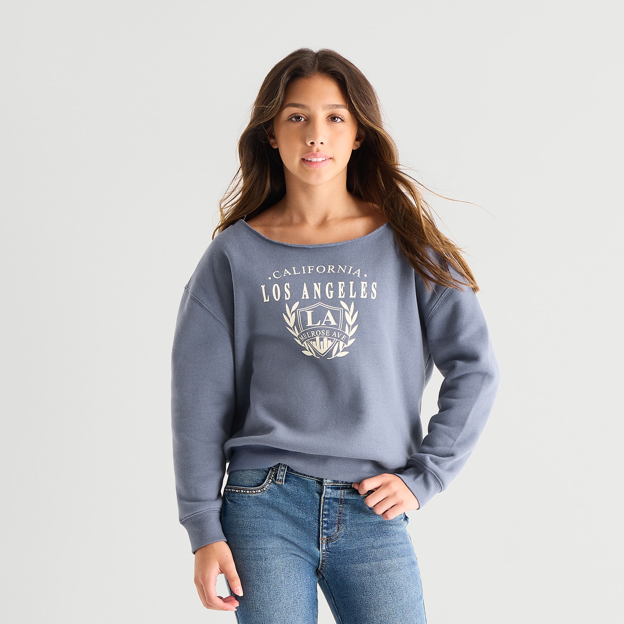 Eyeshadow Big Kid Girls Boat Neck Fleece Long Sleeve Sweatshirt