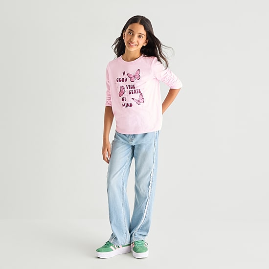 Thereabouts Little & Big Kid Girls Crew Neck Long Sleeve Classic Fit Graphic T-Shirt