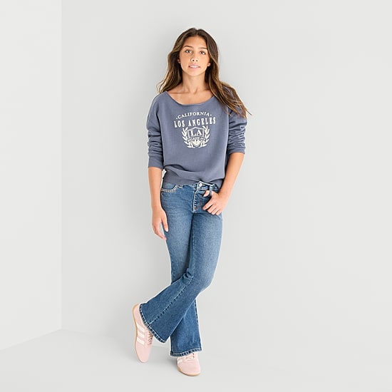 Eyeshadow Big Kid Girls Boat Neck Long Sleeve Sweatshirt