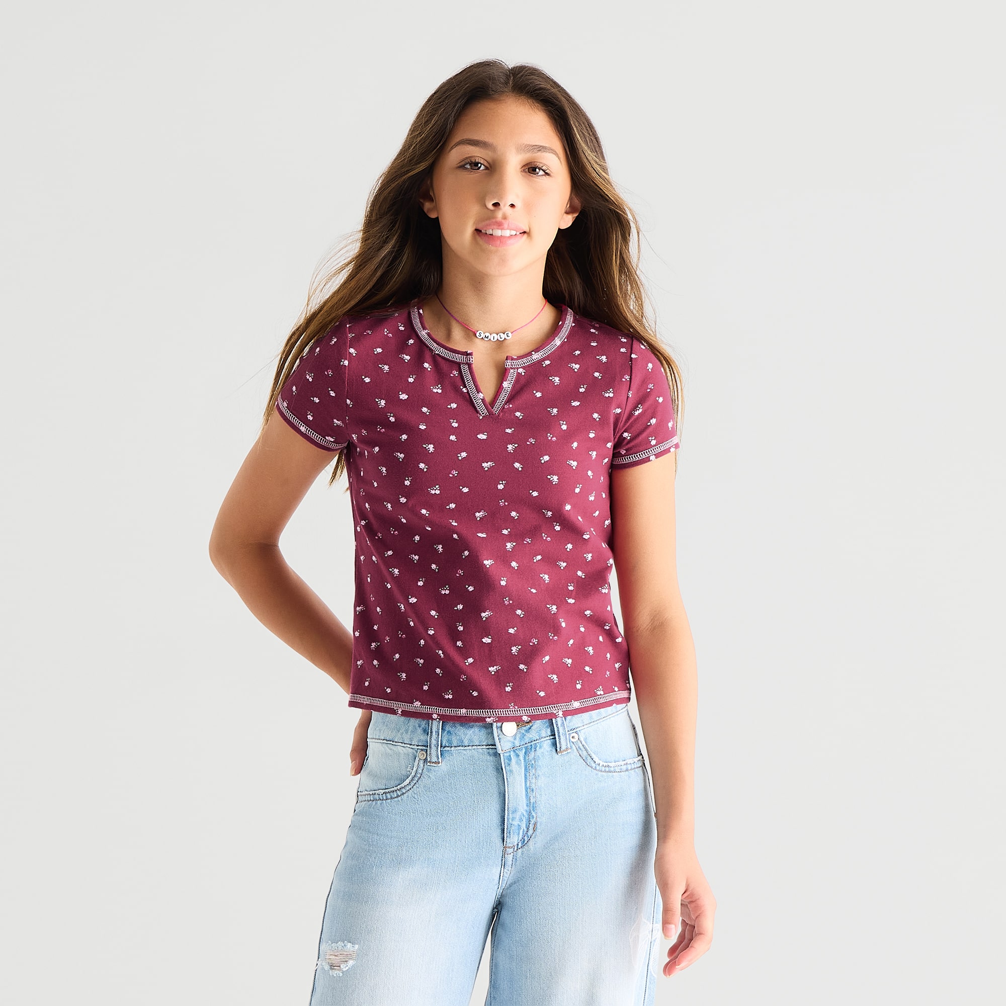 Eyeshadow Big Kid Girls Split Crew Neck Short Sleeve T-Shirt