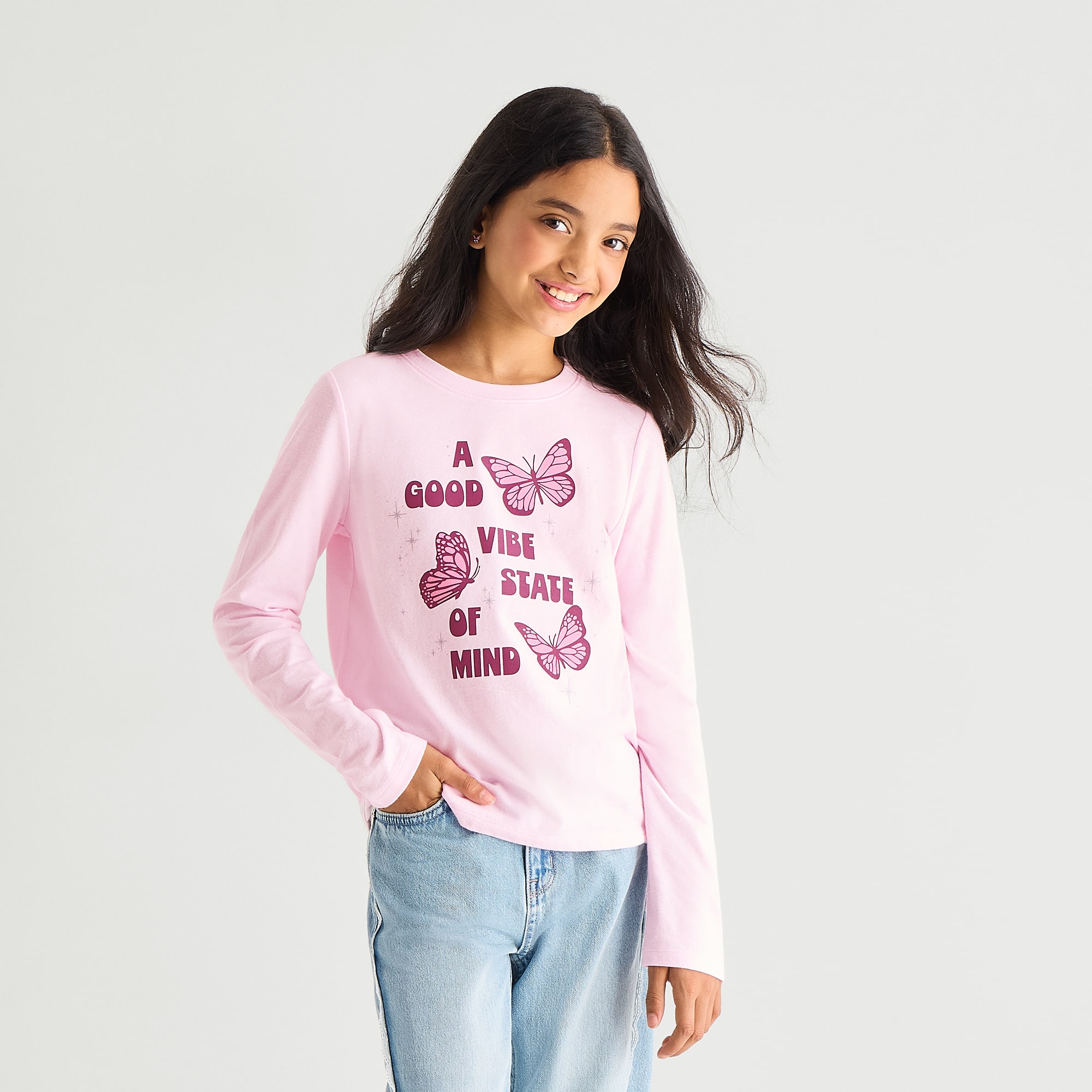 Thereabouts Little & Big Kid Girls Crew Neck Long Sleeve Classic Fit Graphic T-Shirt