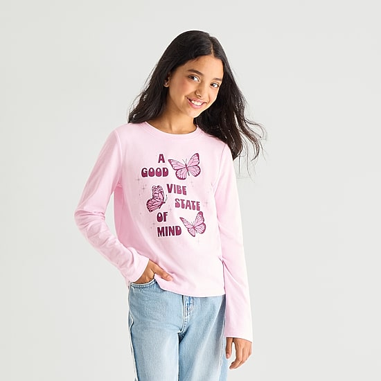 Thereabouts Little & Big Kid Girls Crew Neck Long Sleeve Classic Fit Graphic T-Shirt
