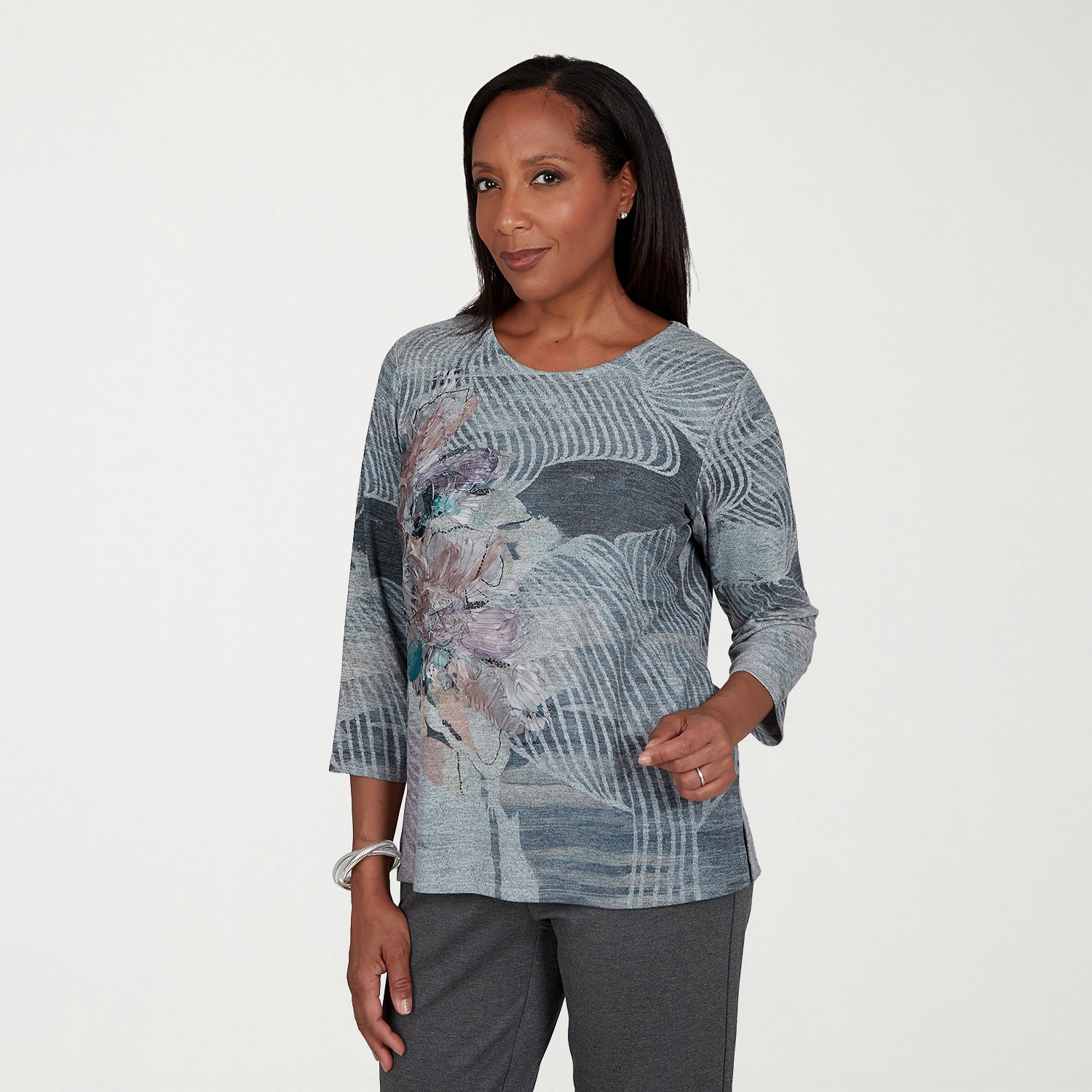 Alfred Dunner Regent Street Womens Crew Neck 3/4 Sleeve T-Shirt