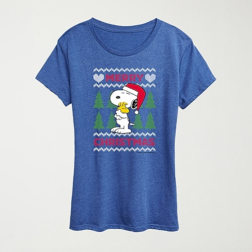 Hybrid Tees Merry Christmas Hug Womens Crew Neck Short Sleeve Regular Fit Peanuts Snoopy Graphic T-shirt In Blue