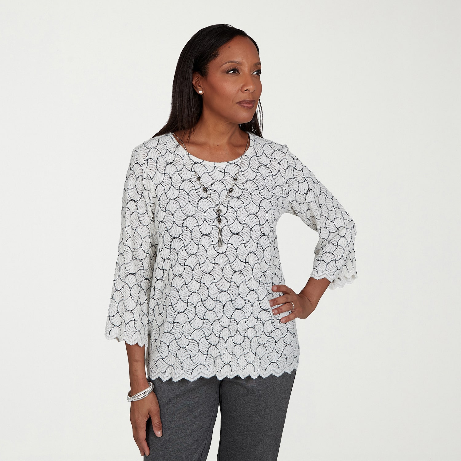 Alfred Dunner Regent Street Womens Crew Neck 3/4 Sleeve T-Shirt