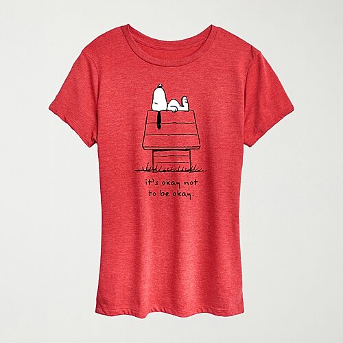 Hybrid Tees Okay Not To Be Okay Womens Crew Neck Short Sleeve Regular Fit Peanuts Snoopy Graphic T-shirt In Red