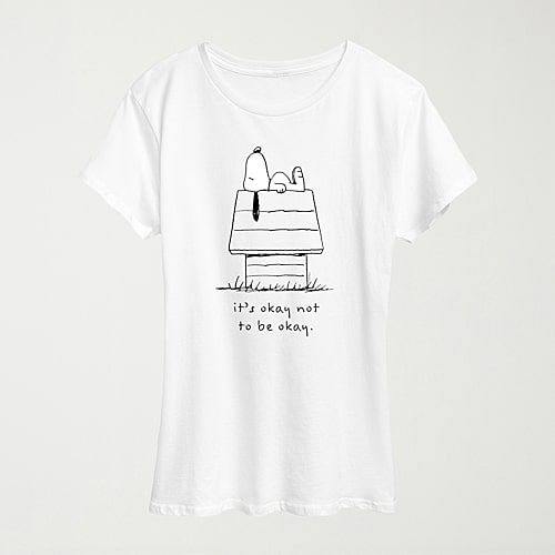 Hybrid Tees Okay Not To Be Okay Womens Crew Neck Short Sleeve Regular Fit Peanuts Snoopy Graphic T-shirt In White