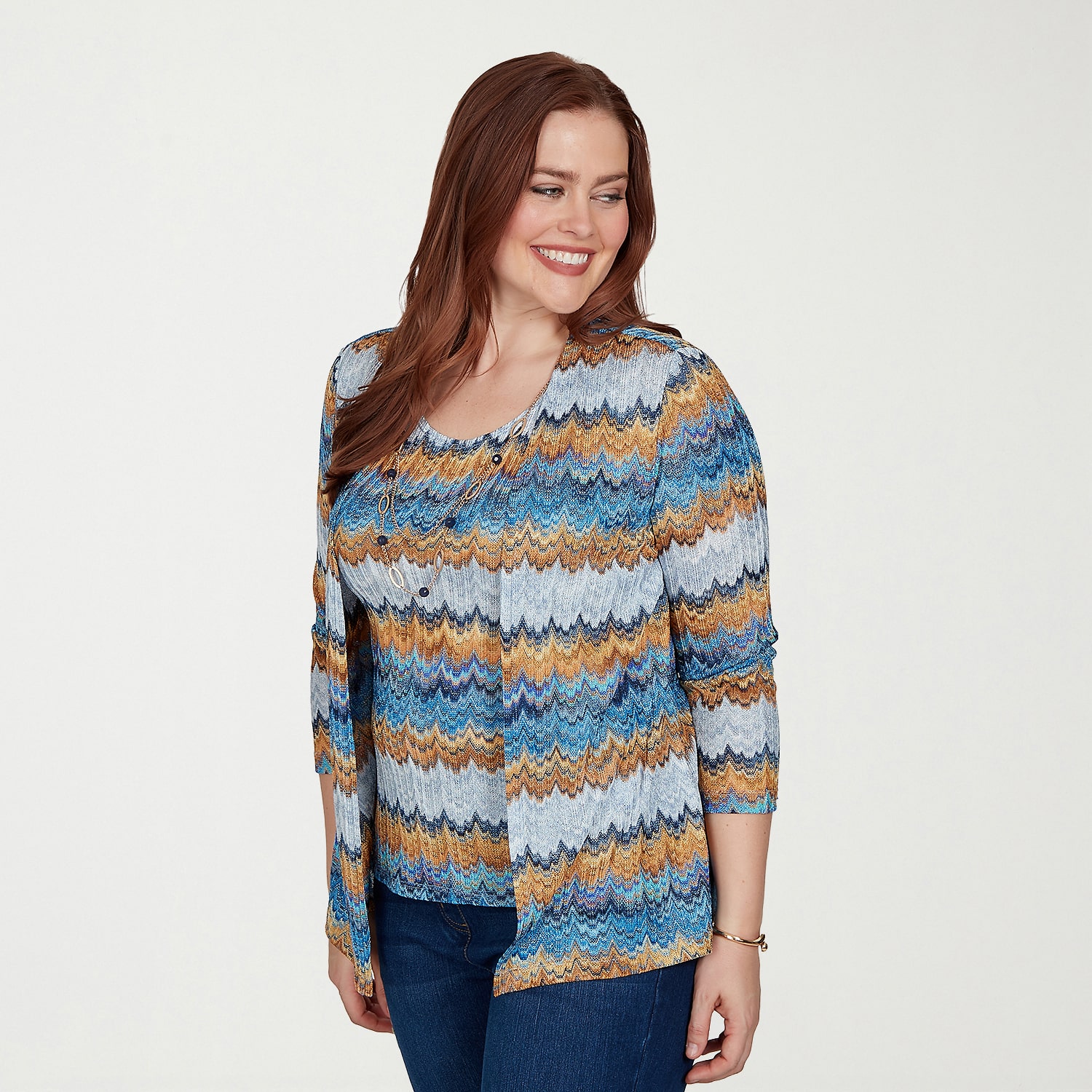 Alfred Dunner Tuscany Womens Crew Neck 3/4 Sleeve Layered Top
